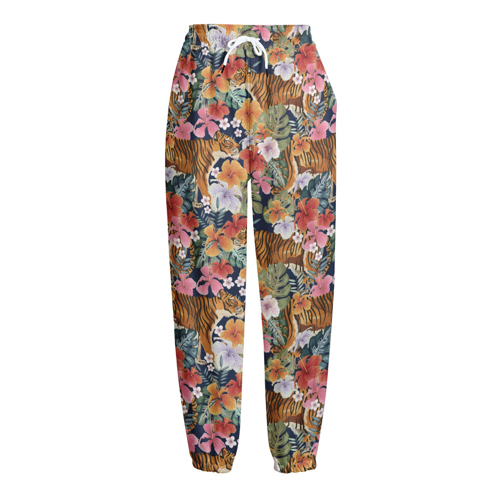Flower And Tiger Pattern Print Fleece Lined Knit Pants