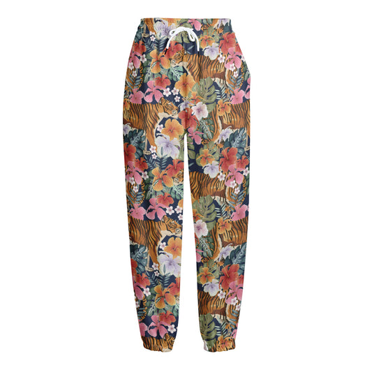 Flower And Tiger Pattern Print Fleece Lined Knit Pants