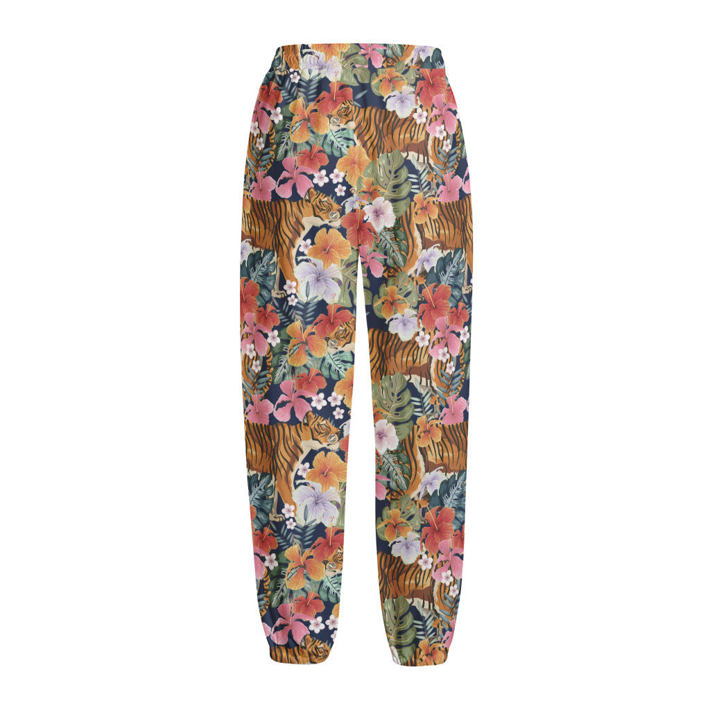 Flower And Tiger Pattern Print Fleece Lined Knit Pants