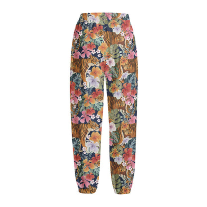 Flower And Tiger Pattern Print Fleece Lined Knit Pants
