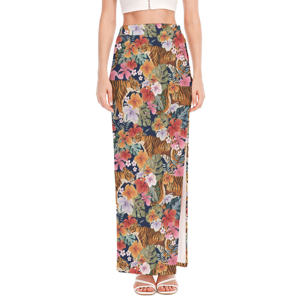 Flower And Tiger Pattern Print High Slit Maxi Skirt