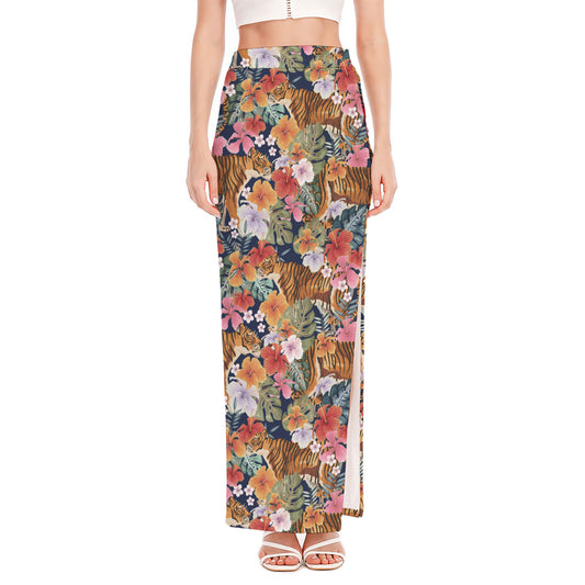 Flower And Tiger Pattern Print High Slit Maxi Skirt