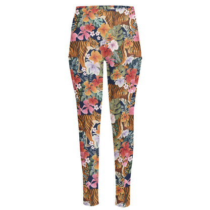 Flower And Tiger Pattern Print High-Waisted Pocket Leggings