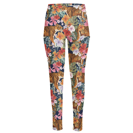 Flower And Tiger Pattern Print High-Waisted Pocket Leggings