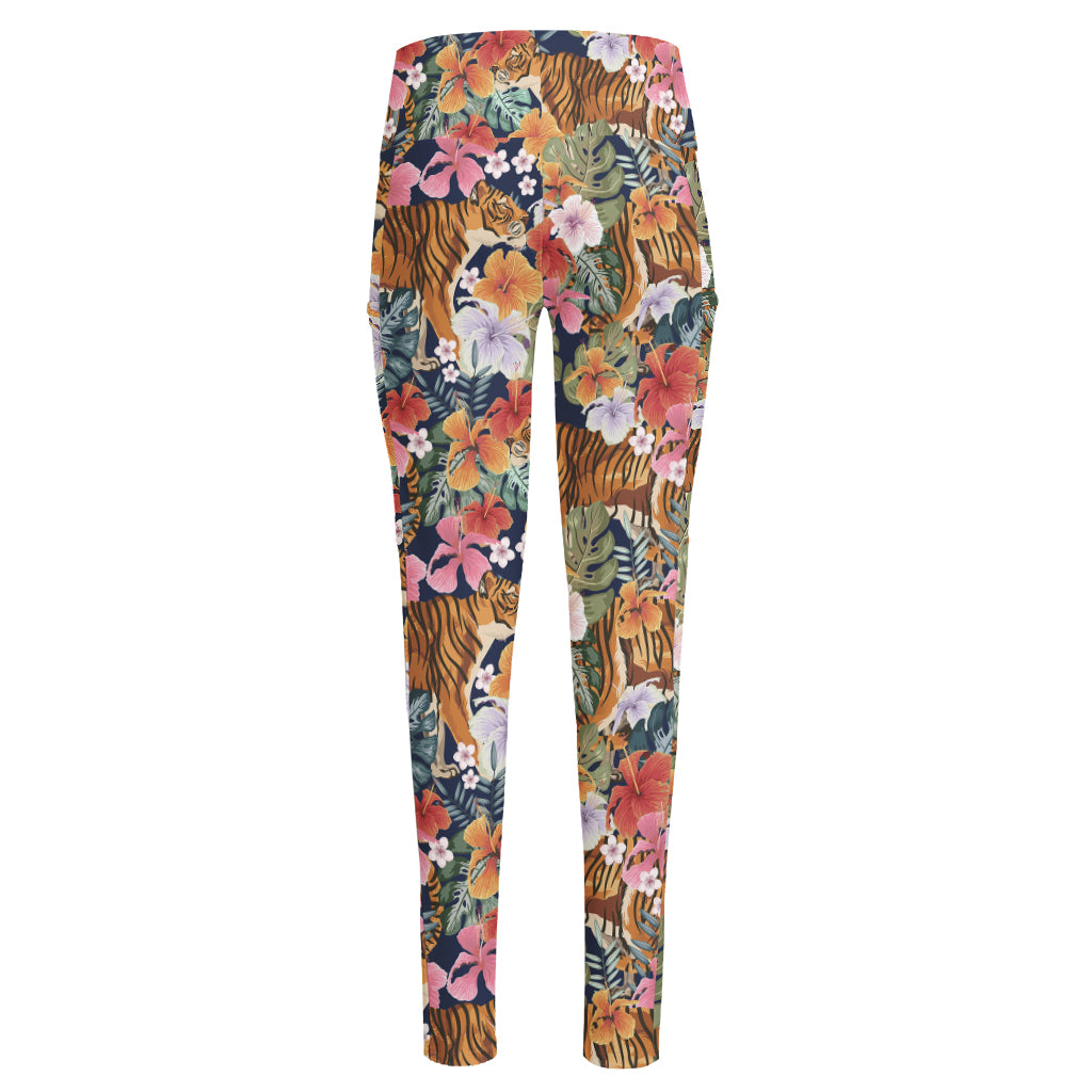 Flower And Tiger Pattern Print High-Waisted Pocket Leggings
