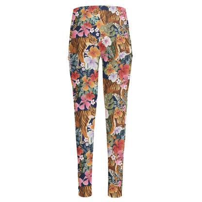Flower And Tiger Pattern Print High-Waisted Pocket Leggings