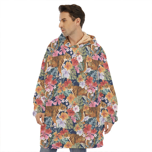 Flower And Tiger Pattern Print Hoodie Blanket