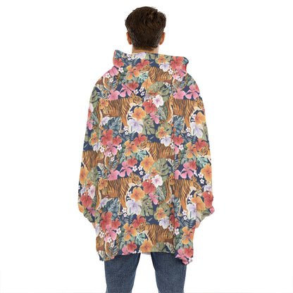 Flower And Tiger Pattern Print Hoodie Blanket