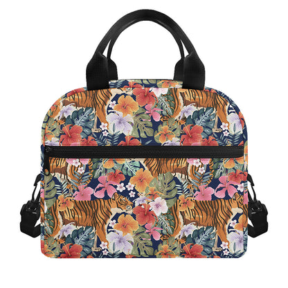Flower And Tiger Pattern Print Insulated Lunch Bag