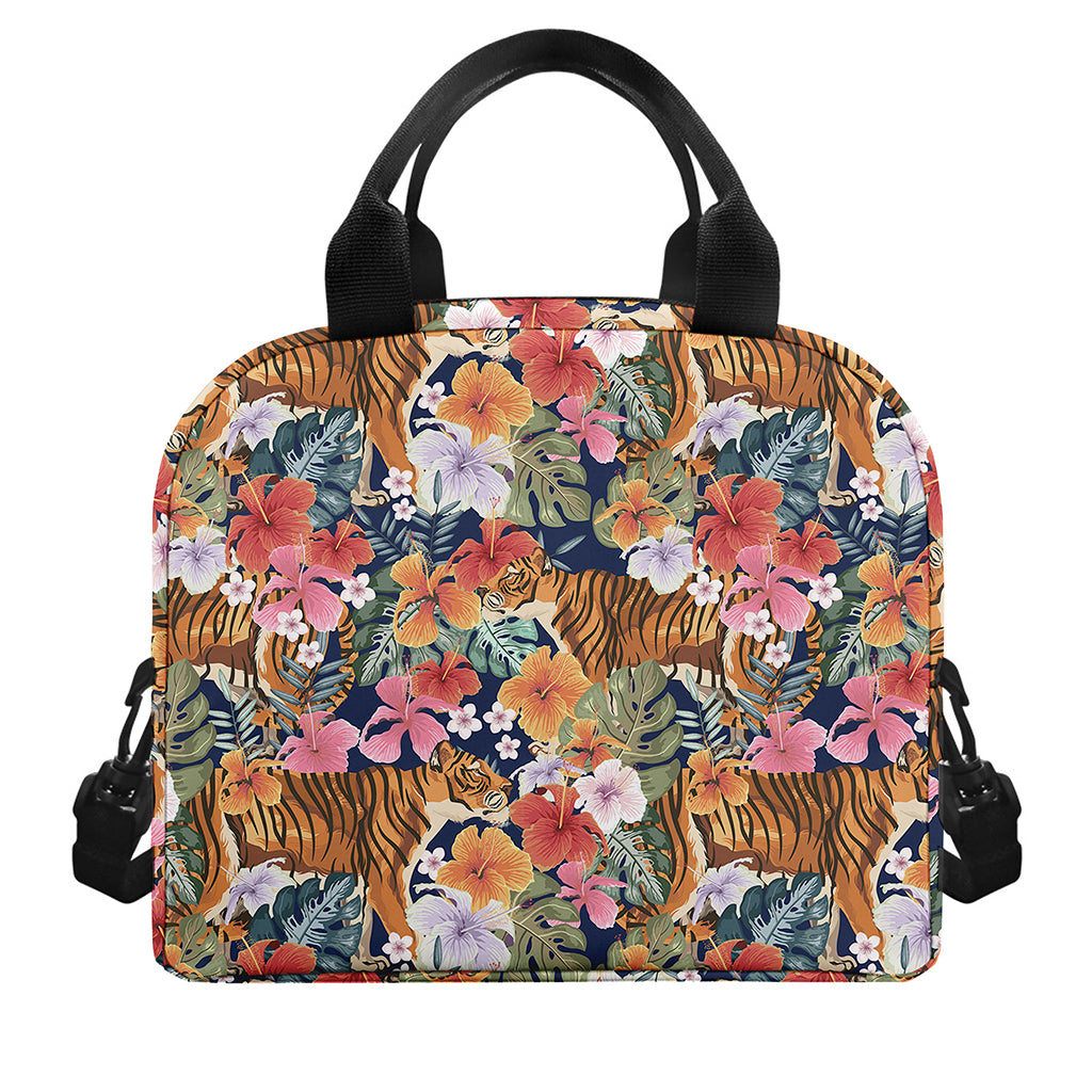 Flower And Tiger Pattern Print Insulated Lunch Bag