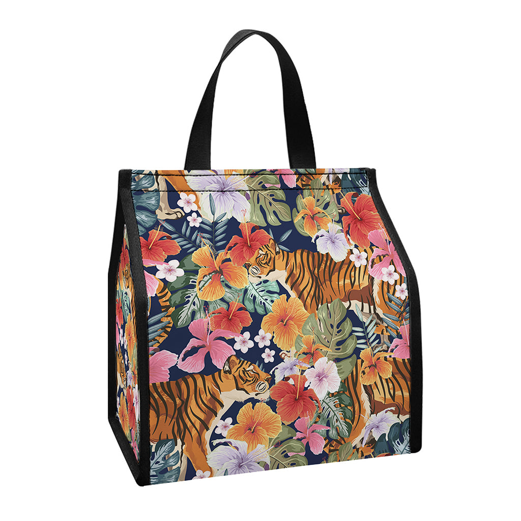 Flower And Tiger Pattern Print Insulated Lunch Tote