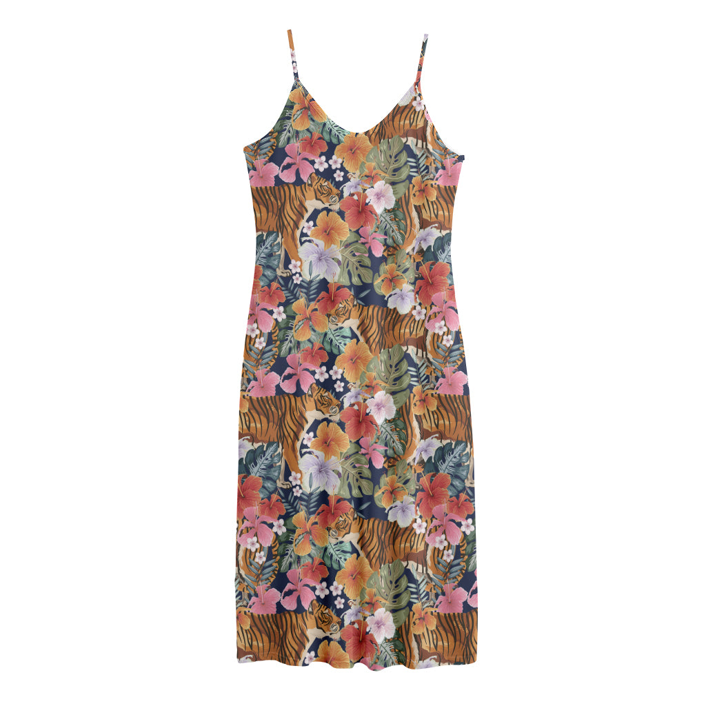 Flower And Tiger Pattern Print Jersey Midi Cami Dress