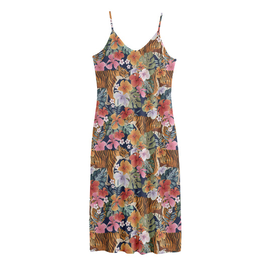 Flower And Tiger Pattern Print Jersey Midi Cami Dress