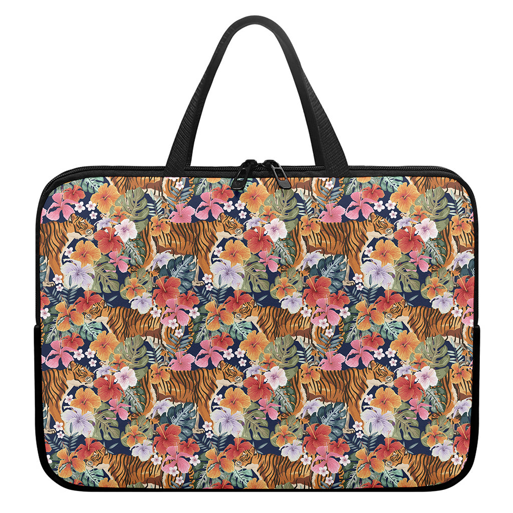 Flower And Tiger Pattern Print Laptop Sleeve With Handle