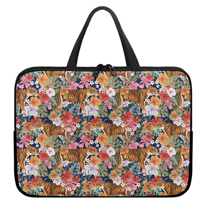 Flower And Tiger Pattern Print Laptop Sleeve With Handle