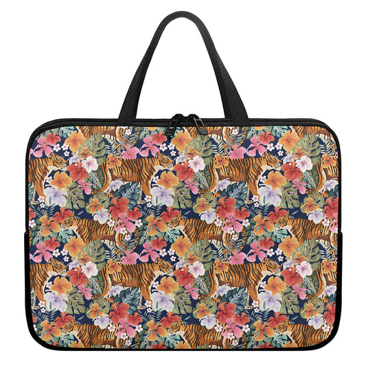 Flower And Tiger Pattern Print Laptop Sleeve With Handle