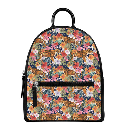 Flower And Tiger Pattern Print Leather Backpack