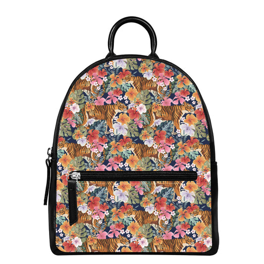 Flower And Tiger Pattern Print Leather Backpack