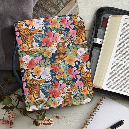 Flower And Tiger Pattern Print Leather Bible Cover