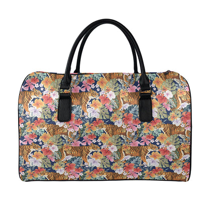 Flower And Tiger Pattern Print Leather Duffle Bag
