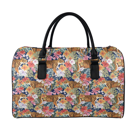 Flower And Tiger Pattern Print Leather Duffle Bag