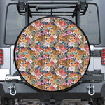 Flower And Tiger Pattern Print Leather Spare Tire Cover