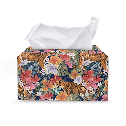 Flower And Tiger Pattern Print Leather Tissue Box Cover