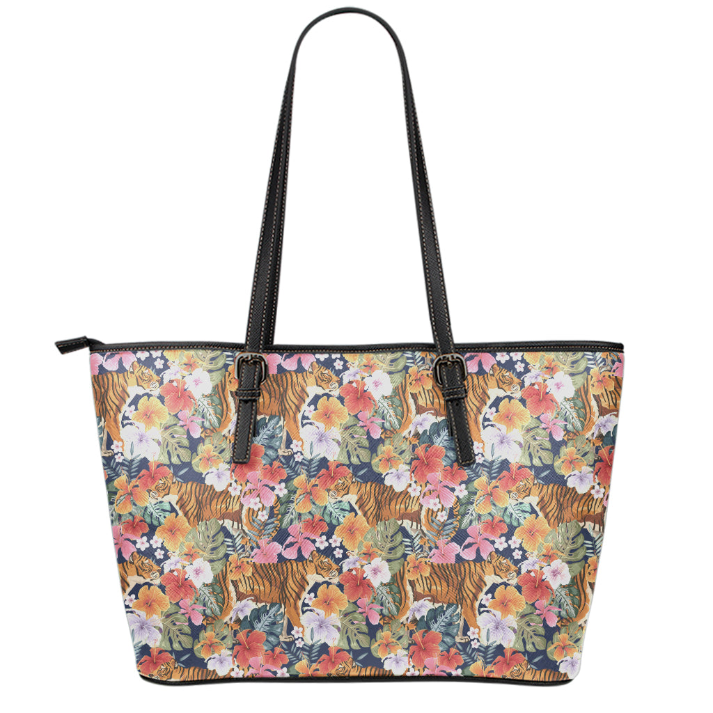 Flower And Tiger Pattern Print Leather Tote Bag