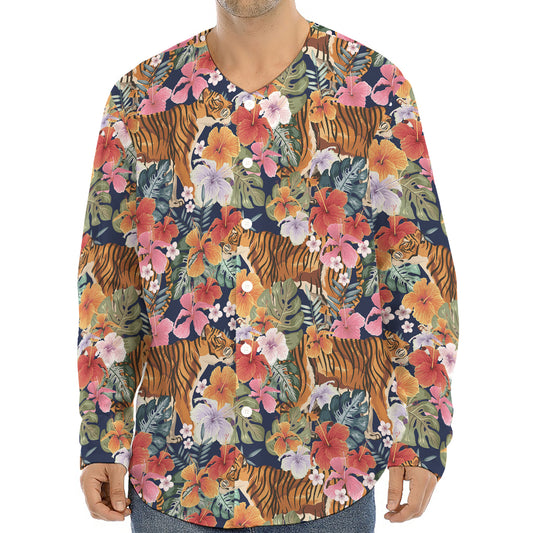 Flower And Tiger Pattern Print Long Sleeve Baseball Jersey