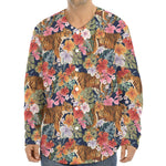 Flower And Tiger Pattern Print Long Sleeve Baseball Jersey