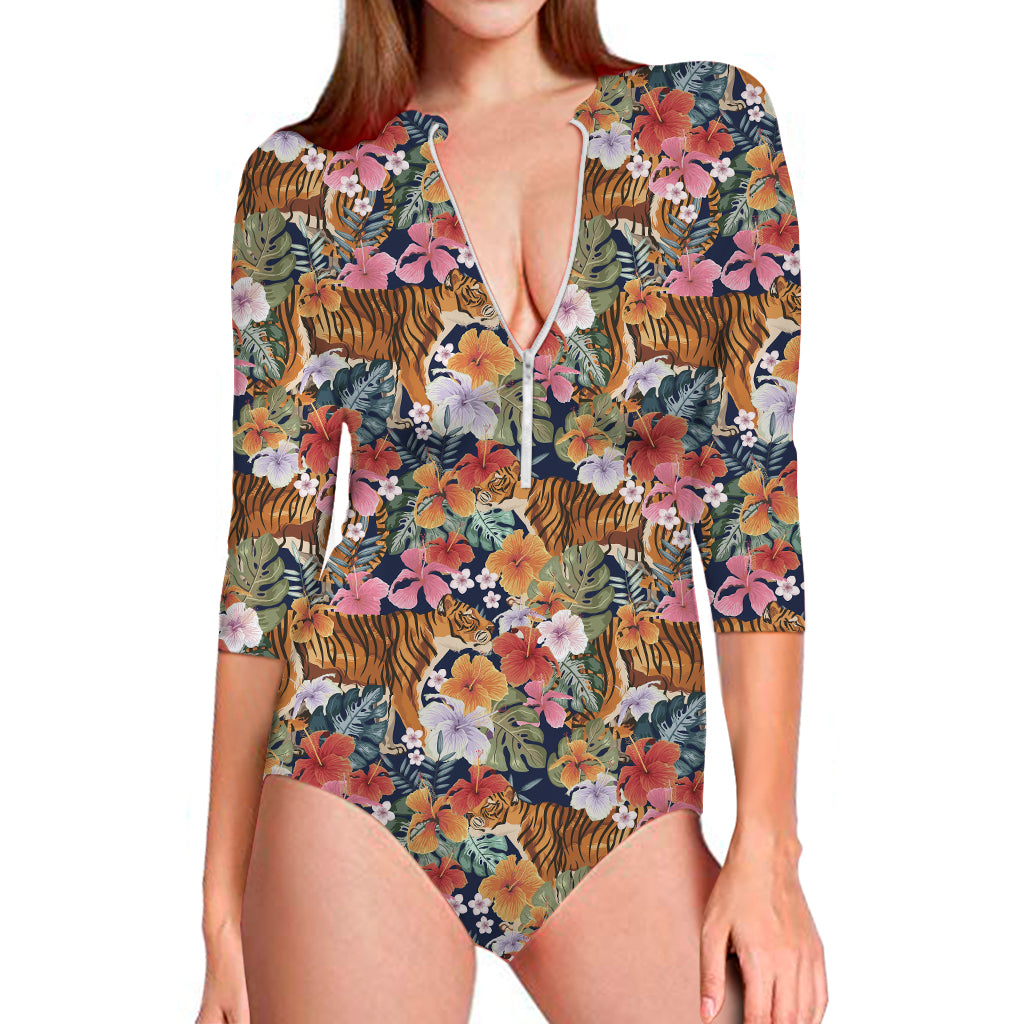 Flower And Tiger Pattern Print Long Sleeve Swimsuit