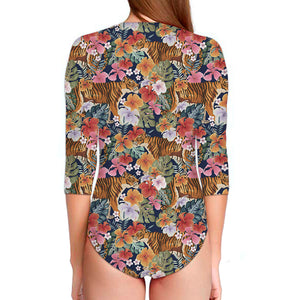 Flower And Tiger Pattern Print Long Sleeve Swimsuit