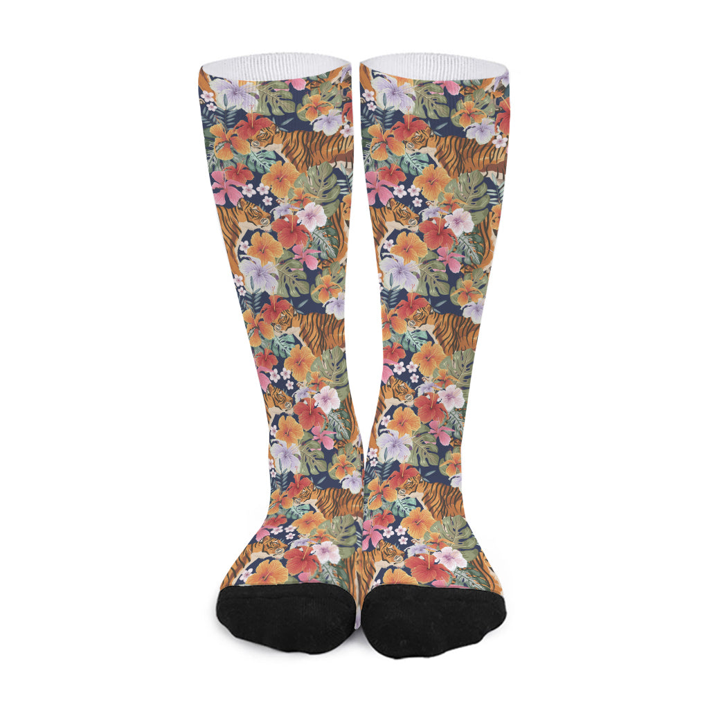 Flower And Tiger Pattern Print Long Socks