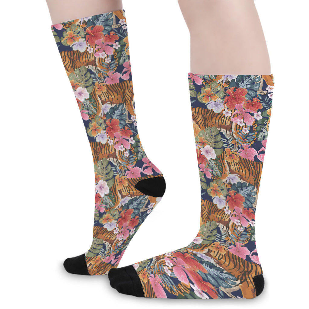 Flower And Tiger Pattern Print Long Socks