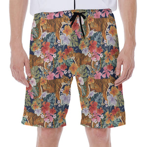 Flower And Tiger Pattern Print Men's Beach Shorts