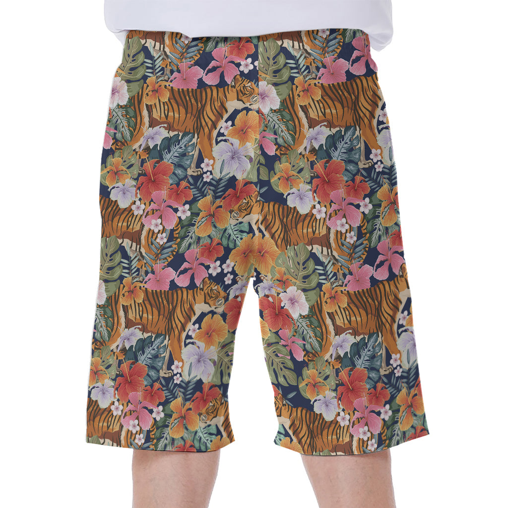 Flower And Tiger Pattern Print Men's Beach Shorts