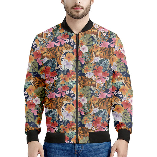 Flower And Tiger Pattern Print Men's Bomber Jacket
