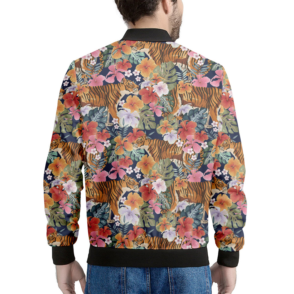 Flower And Tiger Pattern Print Men's Bomber Jacket