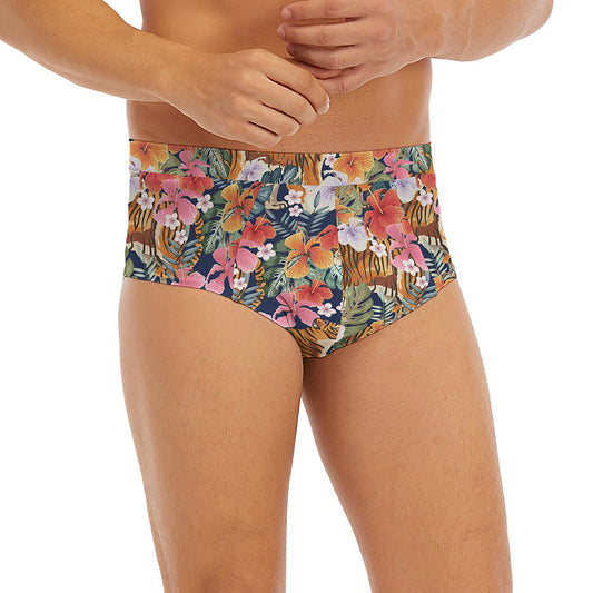 Flower And Tiger Pattern Print Men's Briefs