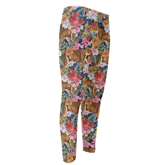 Flower And Tiger Pattern Print Men's Compression Pants