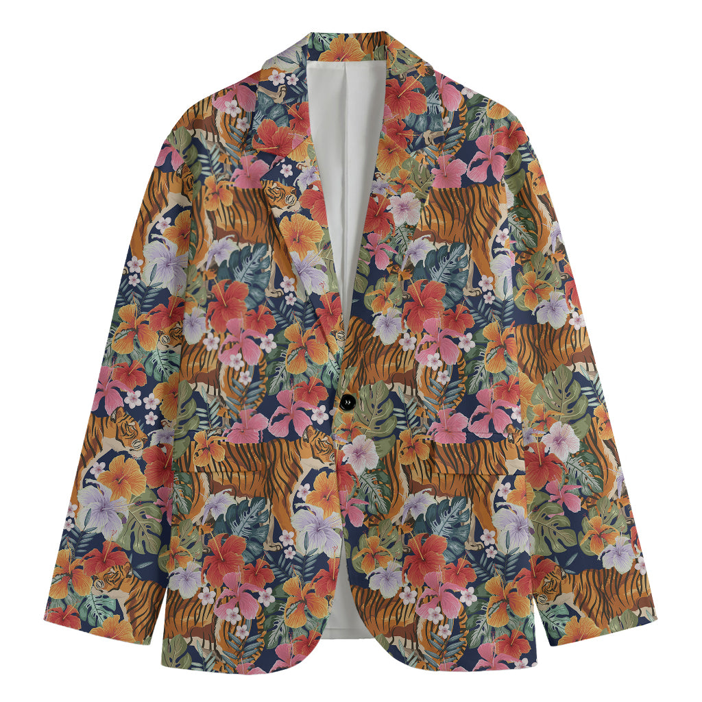 Flower And Tiger Pattern Print Men's Cotton Blazer