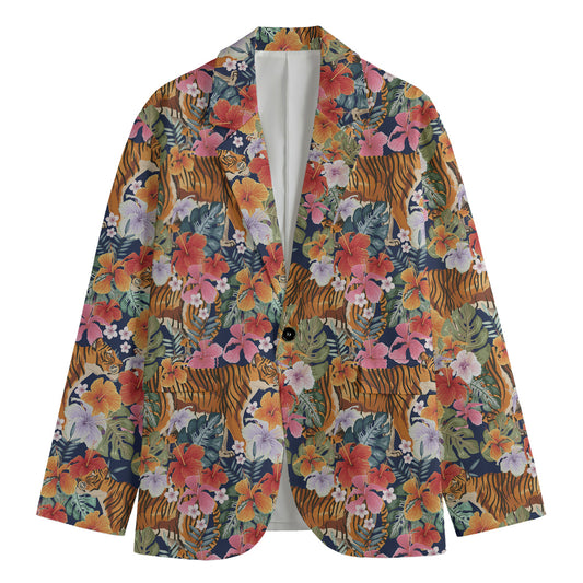 Flower And Tiger Pattern Print Men's Cotton Blazer