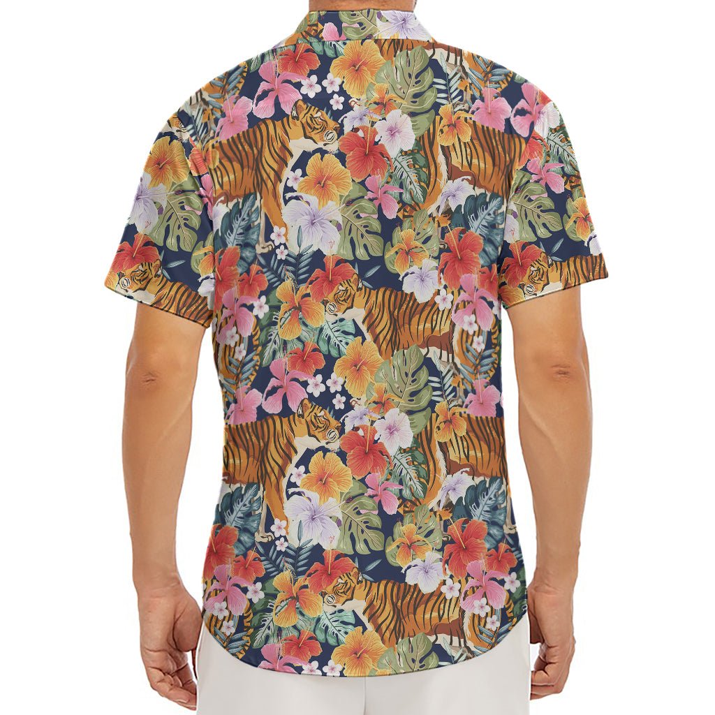 Flower And Tiger Pattern Print Men's Deep V-Neck Shirt