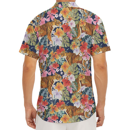 Flower And Tiger Pattern Print Men's Deep V-Neck Shirt