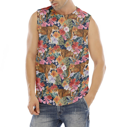 Flower And Tiger Pattern Print Men's Fitness Tank Top