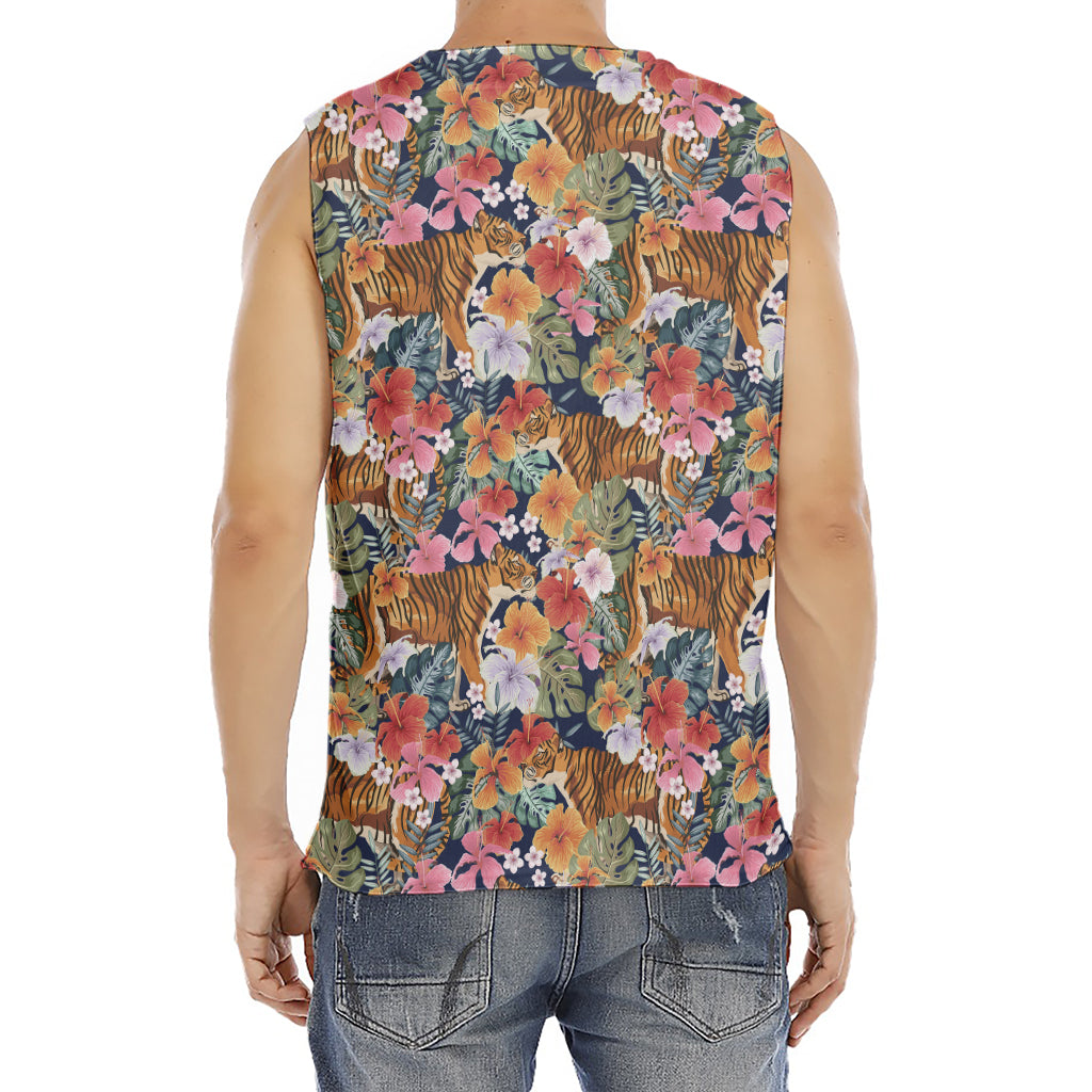 Flower And Tiger Pattern Print Men's Fitness Tank Top