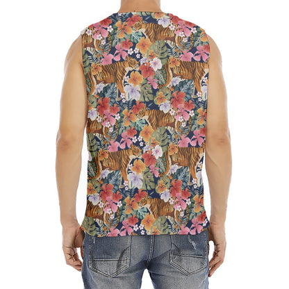 Flower And Tiger Pattern Print Men's Fitness Tank Top