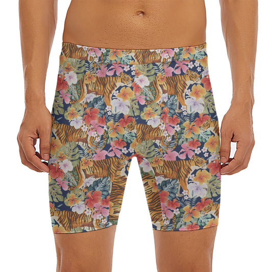 Flower And Tiger Pattern Print Men's Long Boxer Briefs