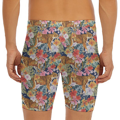 Flower And Tiger Pattern Print Men's Long Boxer Briefs