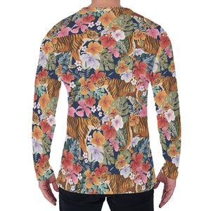 Flower And Tiger Pattern Print Men's Long Sleeve T-Shirt